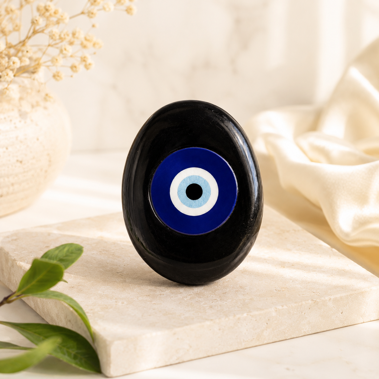 Black Tourmaline Evil Eye Thumbstone | Protection, Grounding & Energy Shield | Aadvik Crystals