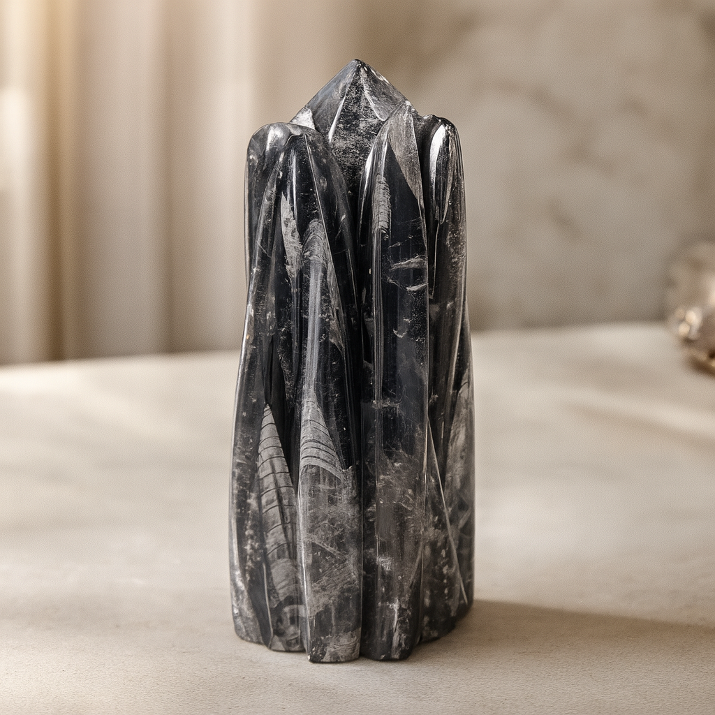 Kuber Stone Tower (Orthoceras) – Wealth, Stability & Ancient Fossil Energy | Aadvik Crystals