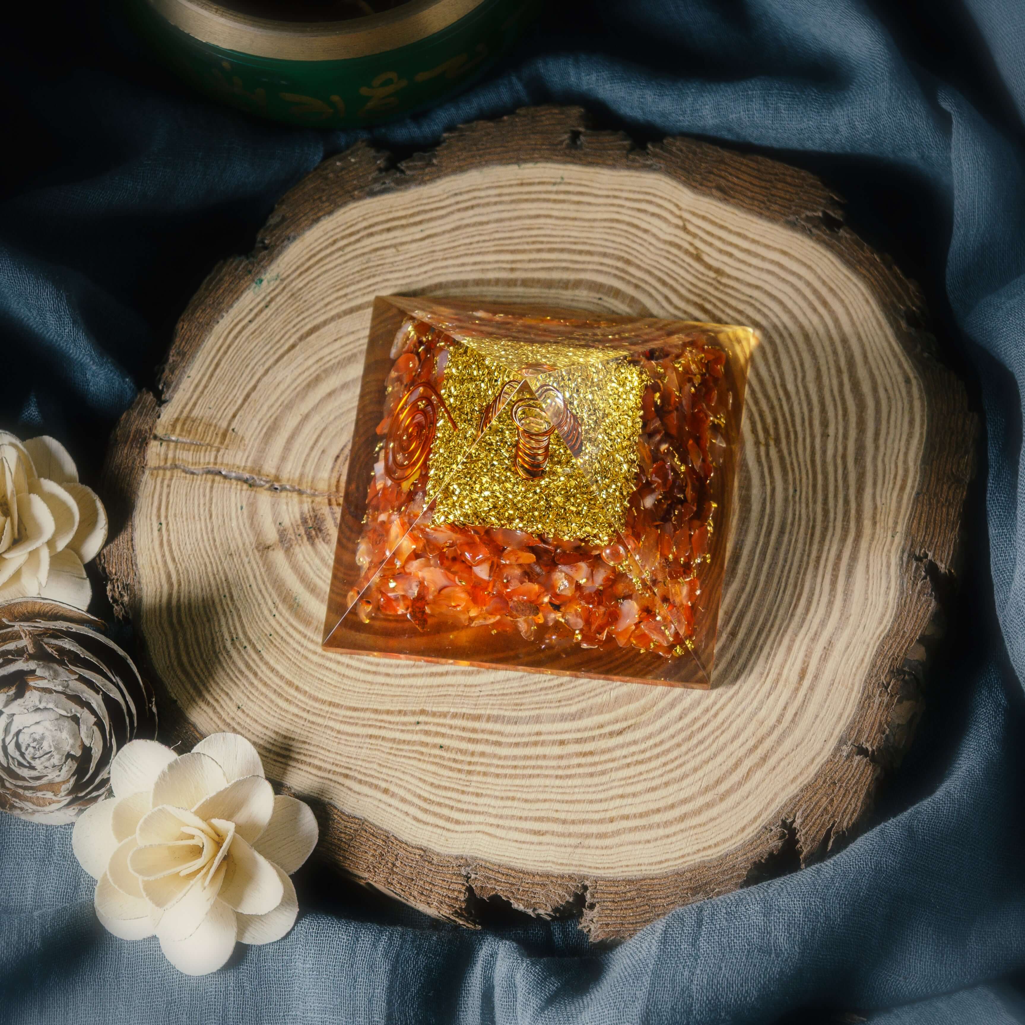 Carnelian Orgone Pyramid – Copper Coil Energy Pyramid for Motivation & Protection | Aadvik Crystals