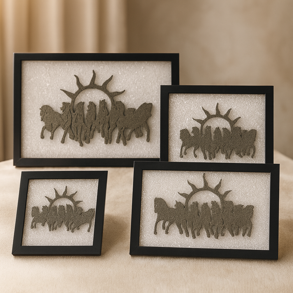 Set of four framed decorative pieces with silhouettes of pyrite 7 horses and a sun on a selenite surface.