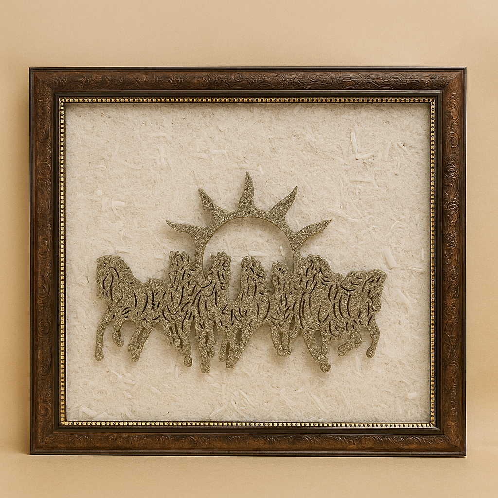 Pyrite seven horses on selenite frame crystal decor for wealth and success